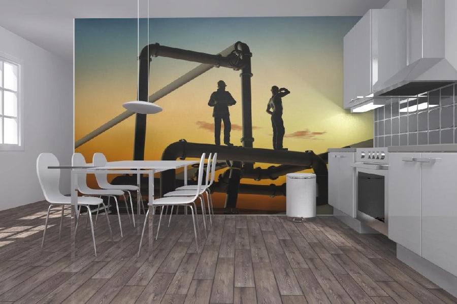 PHOTOWALL / Oil Workers and Pipes in Sunset (e20372)