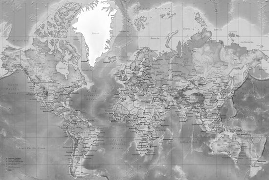 PHOTOWALL / World Map Detailed - Without Roads - Grey (e24436)