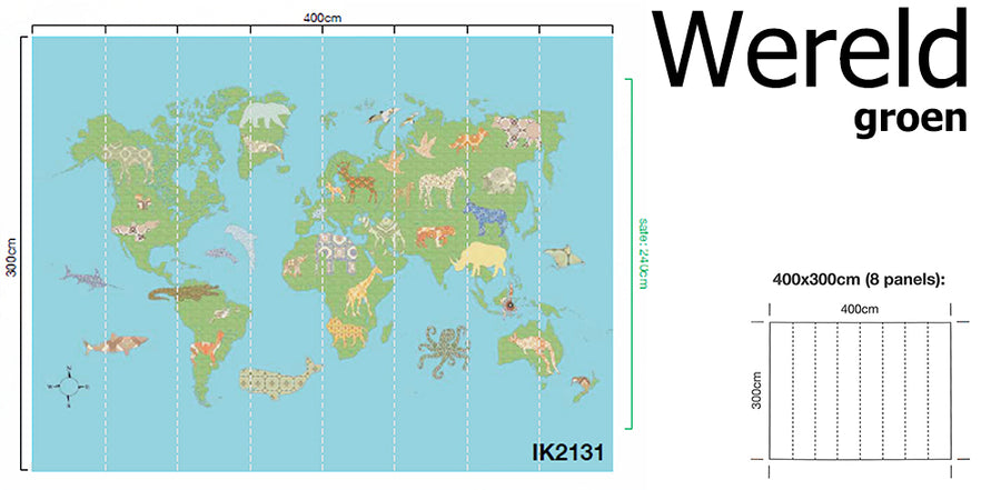 壁紙 子供部屋 世界地図 / Wereld Groen IK2131 【8パネル1セット】INKE(インケ)