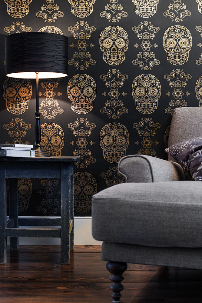 限定数】Anatomy Boutique / Day of the Dead Sugar Skull Wallpaper Black & Gold |  輸入壁紙専門店 WALPA – WALPA.jp