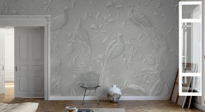 PHOTOWALL / Elegant Relief With Peacocks - Grey (e93427)