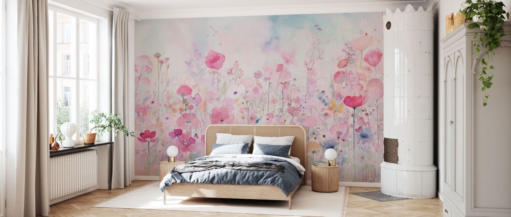ふわたんページ PHOTOWALL / Watercolour Happy Flowers - Bright Pink (e93569