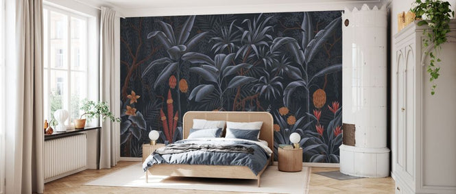 PHOTOWALL / Tropical Plants in the Jungle - Soft Navy on Brown (e93629)