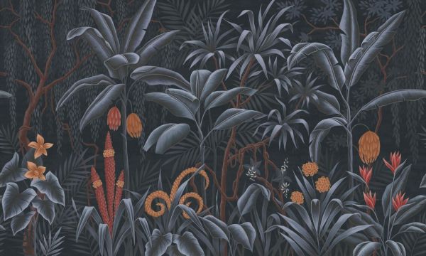PHOTOWALL / Tropical Plants in the Jungle - Soft Navy on Brown (e93629)