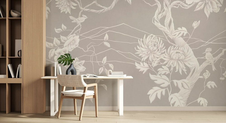 PHOTOWALL / Elegant Flowers with Perched Bird - Beige (e93631)