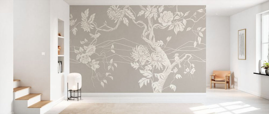 PHOTOWALL / Elegant Flowers with Perched Bird - Beige (e93631)