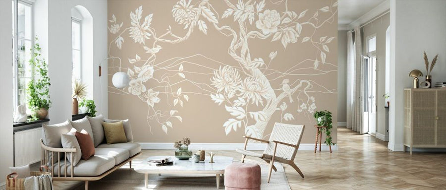 PHOTOWALL / Elegant Flowers with Perched Bird - Beige Warm (e93633)