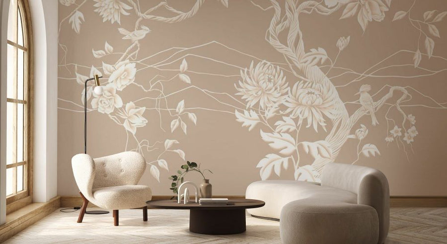 PHOTOWALL / Elegant Flowers with Perched Bird - Beige Warm (e93633)