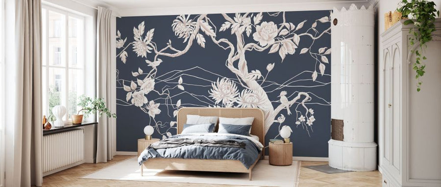 PHOTOWALL / Elegant Flowers with Perched Bird - Dusty Navy (e93634)