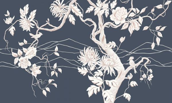 PHOTOWALL / Elegant Flowers with Perched Bird - Dusty Navy (e93634)
