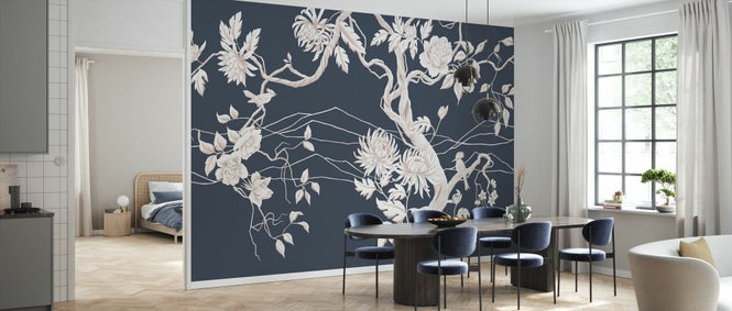 PHOTOWALL / Elegant Flowers with Perched Bird - Dusty Navy (e93634)