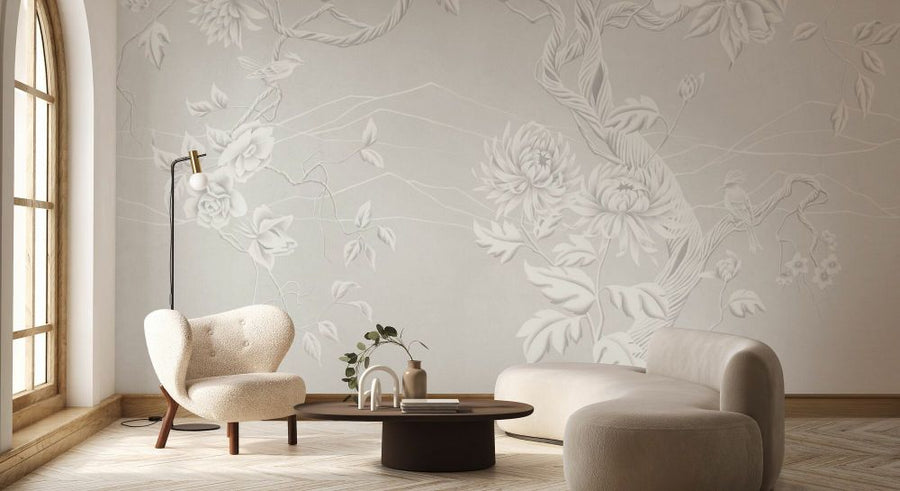 PHOTOWALL / Elegant Flowers with Perched Bird - Soft Beige (e93635)