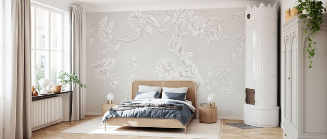 PHOTOWALL / Elegant Flowers with Perched Bird - Soft Beige (e93635)