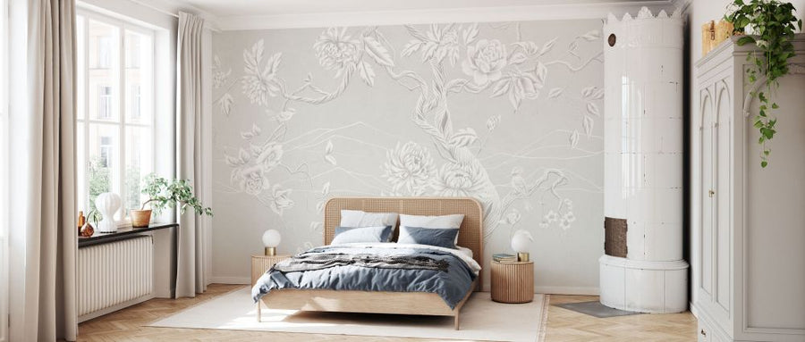 PHOTOWALL / Elegant Flowers with Perched Bird - Soft Beige (e93635)