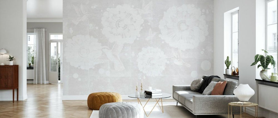 PHOTOWALL / Hummingbird and Dandelion Flower - Beige (e93661)