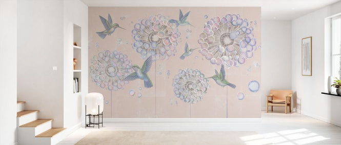 PHOTOWALL / Hummingbird and Dandelion Flower - Beige II (e93662)