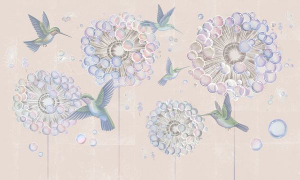 PHOTOWALL / Hummingbird and Dandelion Flower - Beige II (e93662)