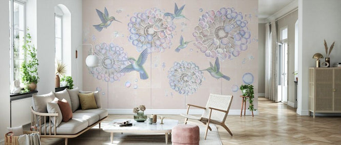 PHOTOWALL / Hummingbird and Dandelion Flower - Beige II (e93662)