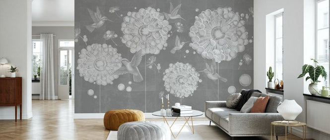 PHOTOWALL / Hummingbird and Dandelion Flower - Grey Stone (e93664)