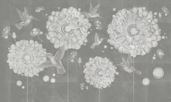PHOTOWALL / Hummingbird and Dandelion Flower - Grey Stone (e93664)