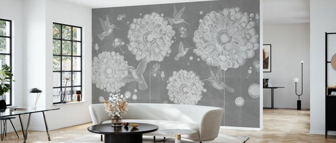 PHOTOWALL / Hummingbird and Dandelion Flower - Grey Stone (e93664)