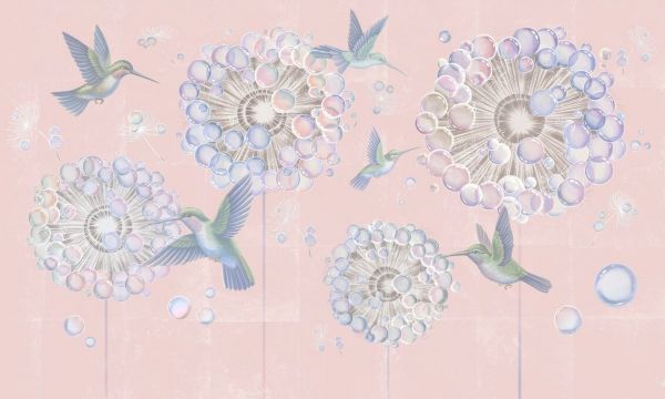 PHOTOWALL / Hummingbird and Dandelion Flower - Peach (e93665)