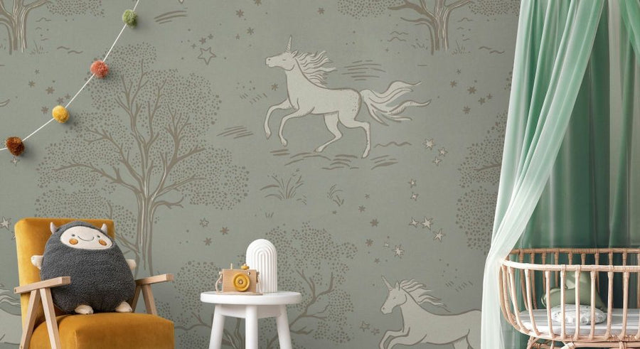 PHOTOWALL / Magical Unicorn Dreamland - Sage Green (e93970)