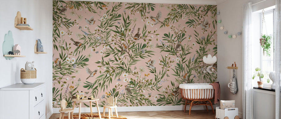 PHOTOWALL / Playful Robins - Pink (e94564)