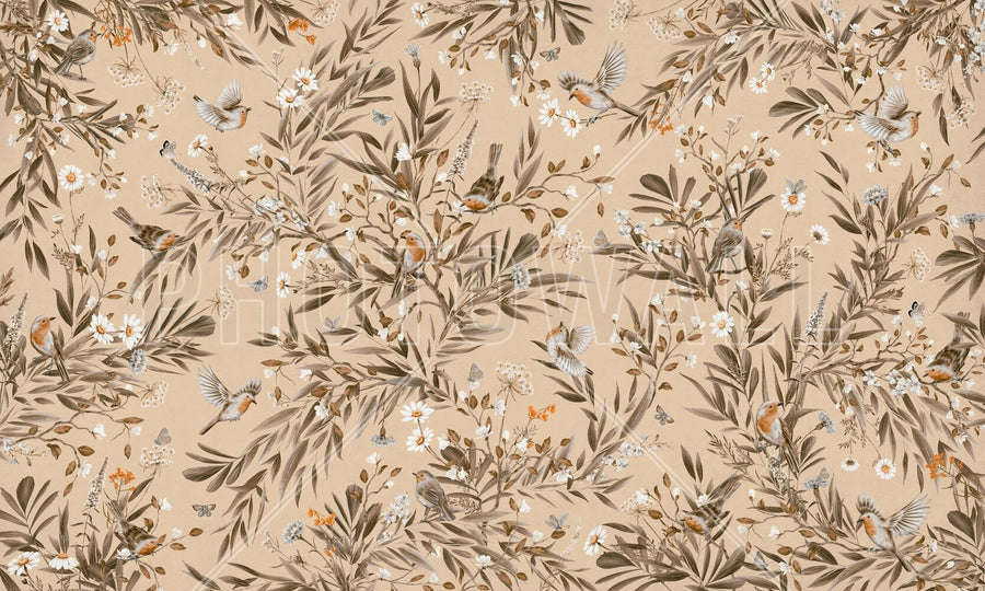 PHOTOWALL / Playful Robins - Monochrome - Beige (e94565)