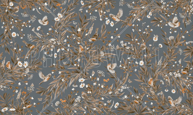 PHOTOWALL / Playful Robins - Monochrome - Blue (e94568)