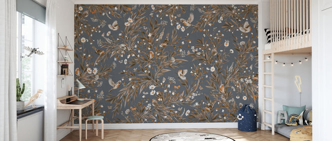 PHOTOWALL / Playful Robins - Monochrome - Blue (e94568)