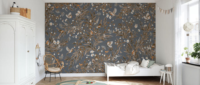 PHOTOWALL / Playful Robins - Monochrome - Blue (e94568)