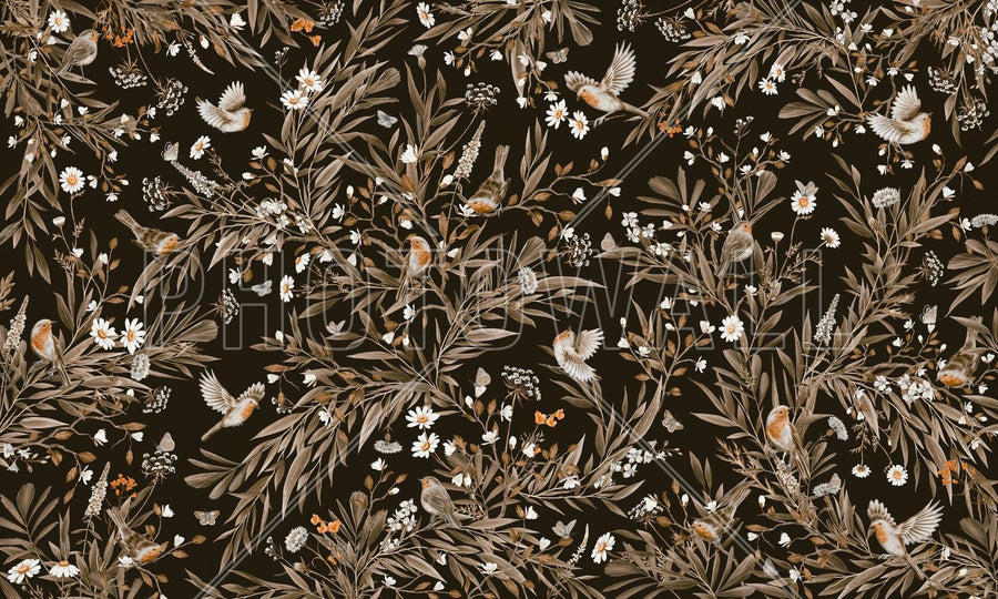 PHOTOWALL / Playful Robins - Monochrome - Black (e94578)