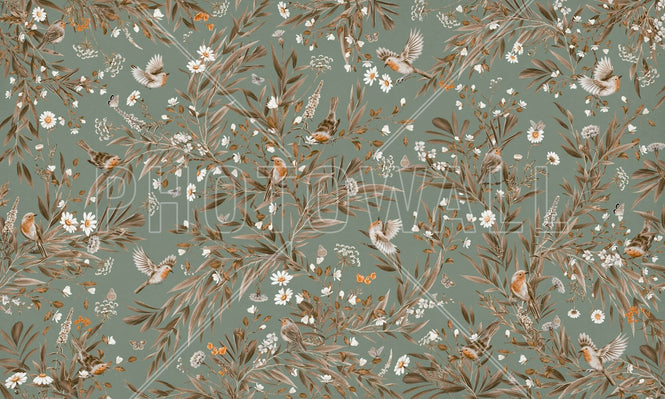 PHOTOWALL / Playful Robins - Monochrome - Green (e94587)