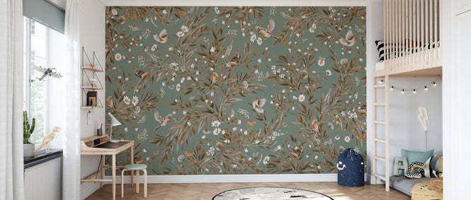 PHOTOWALL / Playful Robins - Monochrome - Green (e94587)