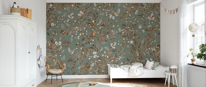 PHOTOWALL / Playful Robins - Monochrome - Green (e94587)