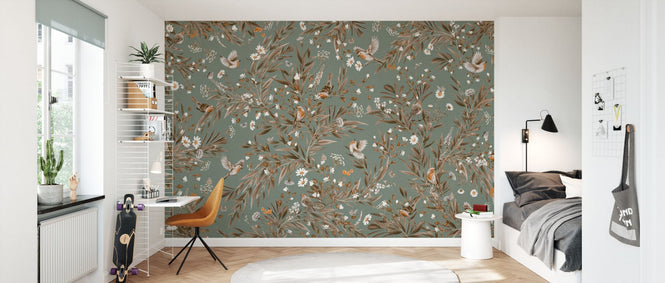 PHOTOWALL / Playful Robins - Monochrome - Green (e94587)