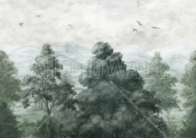 PHOTOWALL / Birds and Trees in the Mountains - Dark Green (e94848)