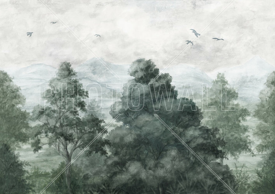 PHOTOWALL / Birds and Trees in the Mountains - Dark Green (e94848)