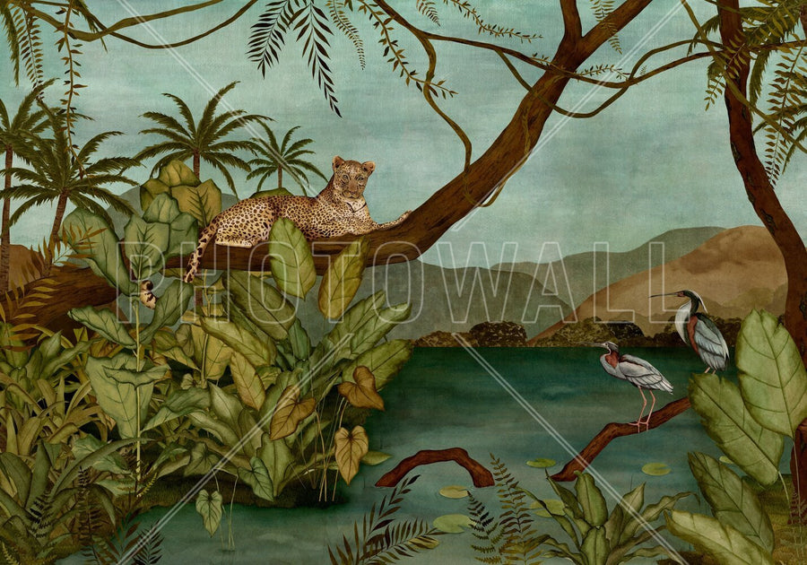 PHOTOWALL / Tropical Jungle with Leopard and Birds (e94891)