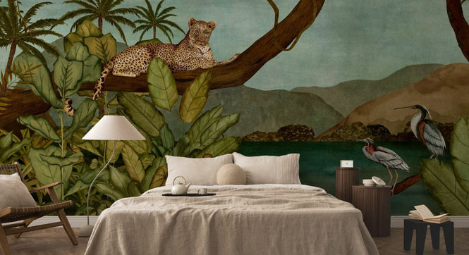 PHOTOWALL / Tropical Jungle with Leopard and Birds (e94891)