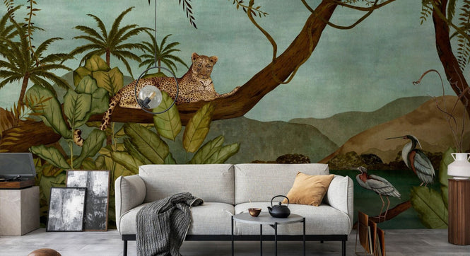 PHOTOWALL / Tropical Jungle with Leopard and Birds (e94891)