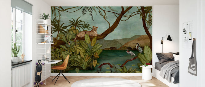 PHOTOWALL / Tropical Jungle with Leopard and Birds (e94891)