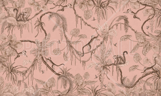 PHOTOWALL / Playful Monkeys - Monochrome - Pink (e94962)