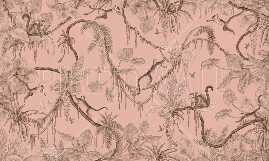 PHOTOWALL / Playful Monkeys - Monochrome - Pink (e94962)