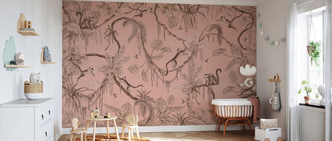 PHOTOWALL / Playful Monkeys - Monochrome - Pink (e94962)