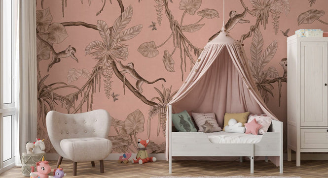 PHOTOWALL / Playful Monkeys - Monochrome - Pink (e94962)