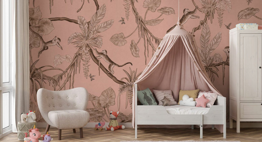 PHOTOWALL / Playful Monkeys - Monochrome - Pink (e94962)