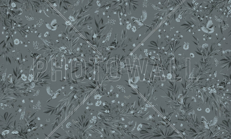PHOTOWALL / Playful Robins - Monochrome - Blue (e94966)