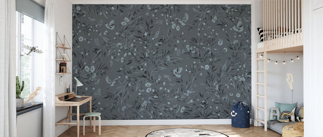 PHOTOWALL / Playful Robins - Monochrome - Blue (e94966)